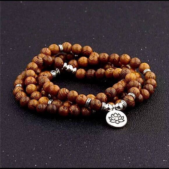 Tibetan Style Meditation Bead Necklace – Boho Mala Yoga Jewelry
 with Om Charm - Picture 1 of 5